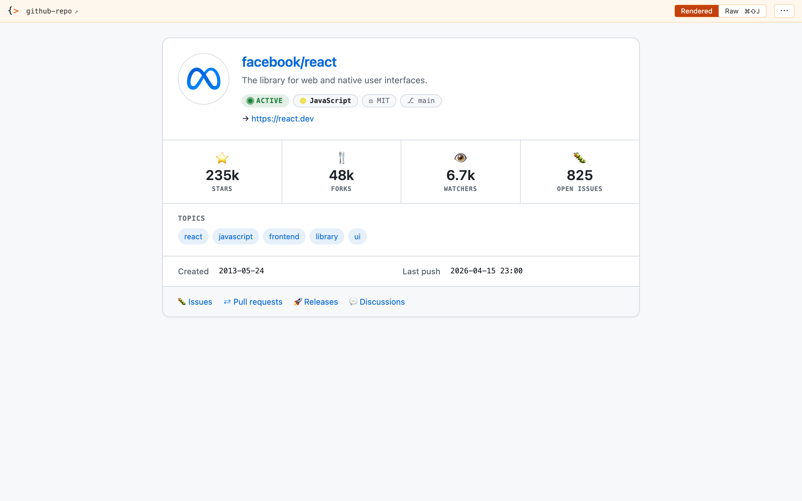 GitHub repo card rendered by Freshet — facebook/react with Active pulse, JavaScript language chip, stat tiles, topic chips, and Issues/PRs/Releases footer