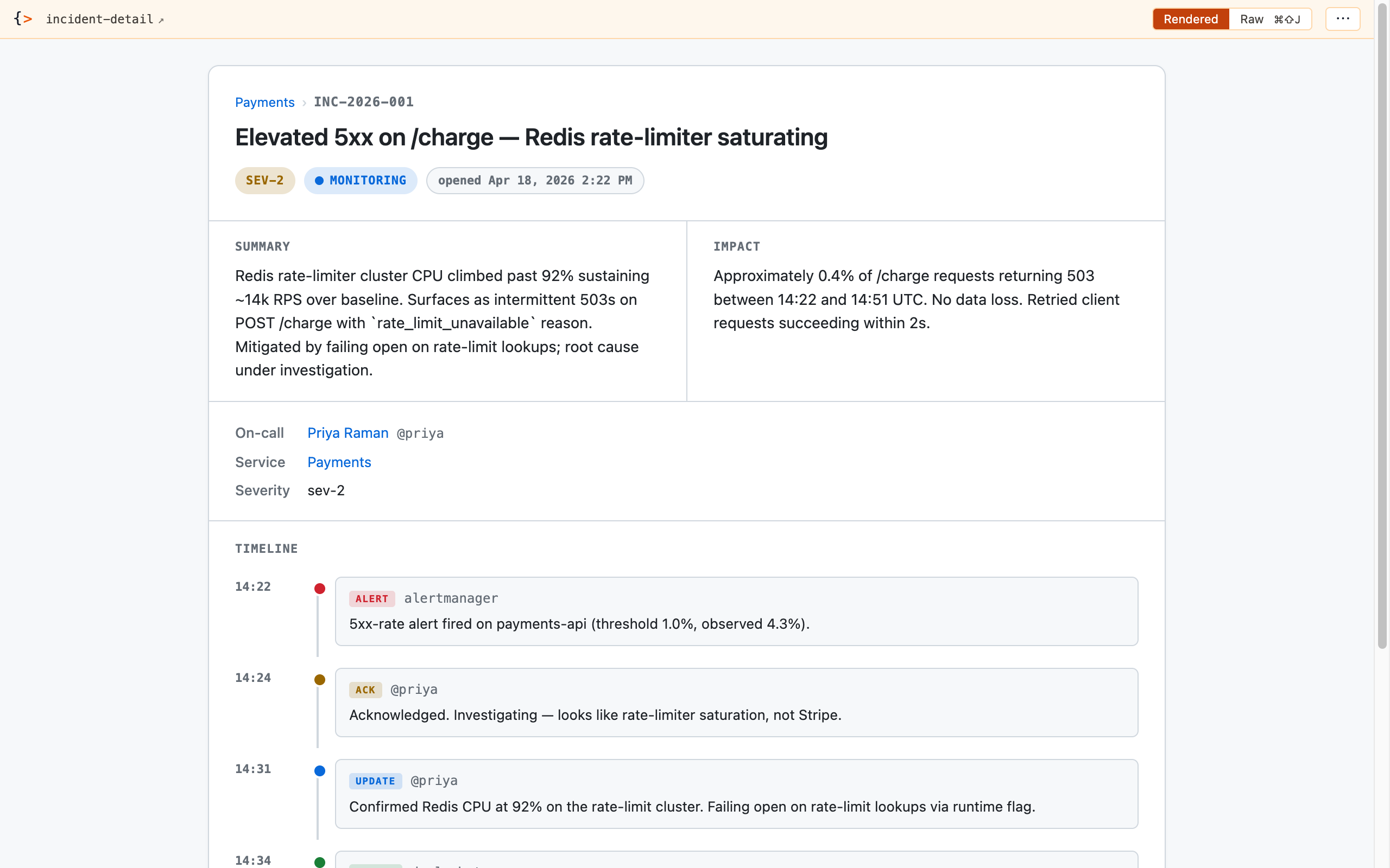 Incident detail page rendered by Freshet — INC-2026-001 with severity + status chips, summary + impact cards, and a kind-coded timeline rail