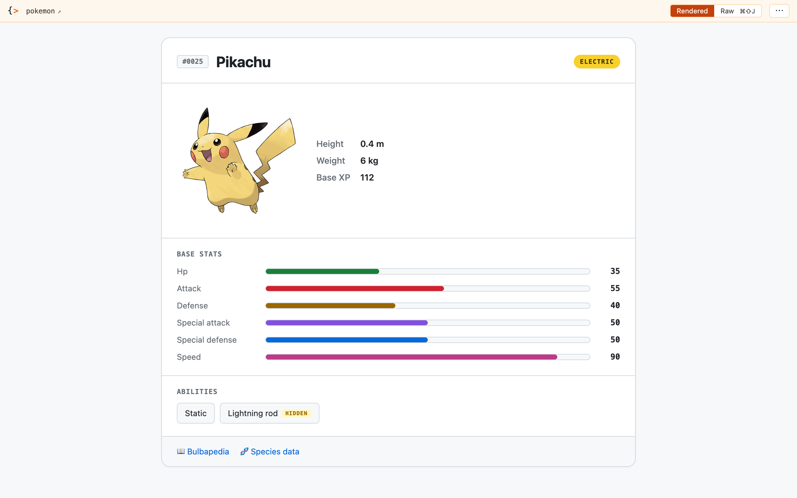 Pokémon card rendered by Freshet — Pikachu with official artwork, electric type chip, color-coded stat bars, and abilities list