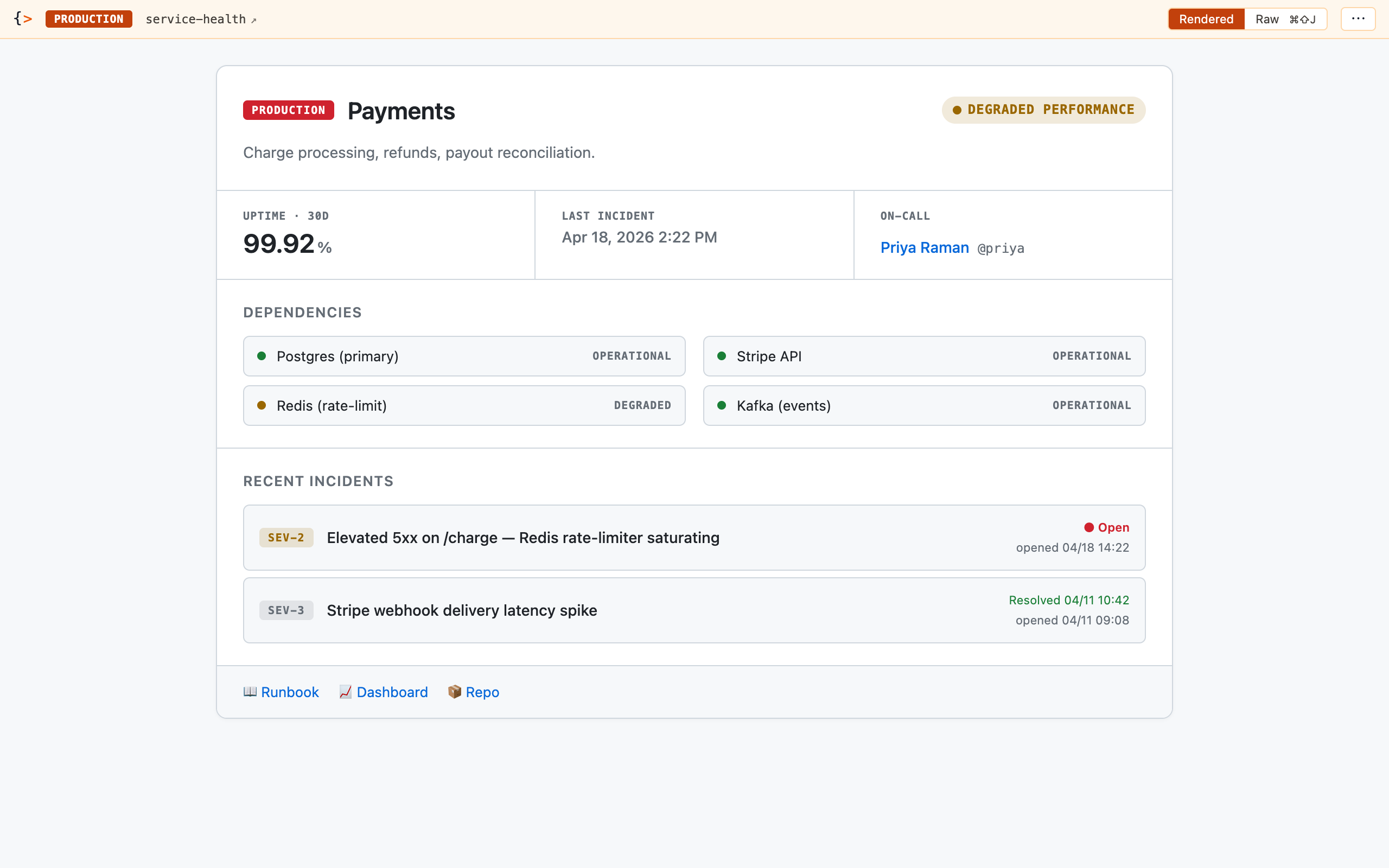 Service Health card rendered by Freshet — Payments service with PRODUCTION env chip, status pills, dependencies grid, and recent incidents